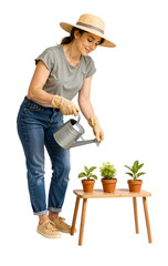 Gardening Woman Nurturing Young Plants: A woman in a straw hat and gardening gloves waters young plants, showcasing a harmonious blend of nature and nurturing.