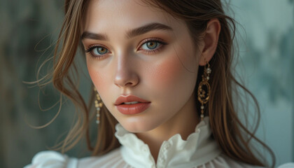 Portrait of a Woman with Green Eyes Wearing Decorative Earrings