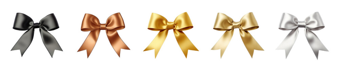 Black gold silver bronze color silk ribbon bow PNG set, cutout isolated on transparent background. Present, gift, award decoration graphic resource
