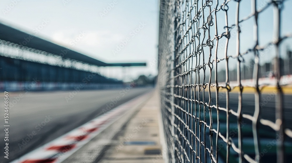 Wall mural an empty f1 track showcases a safety barrier in sharp focus, encapsulating the solitude of motor rac