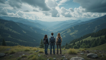 Obraz premium Hikers Enjoying Mountain View on a Cloudy Day Adventure Together