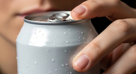 Opening Cold Refreshment Can Close Up with Water Droplets