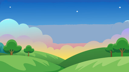 Obraz premium Serene sunset landscape with rolling hills and trees