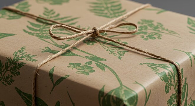 Wrapped Gift with Brown Paper, Green Floral Design and Twine Bow, Present for Birthday, Christmas, Holiday
