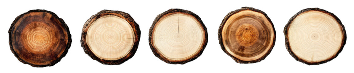 Five Circular Slices Of Wood With Different Grain Patterns Isolated On A Transparent Background