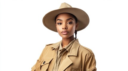 A young Black woman with dark braided hair, wearing a tan fedora and matching trench coat, gazes directly at the camera against a stark white background.  Her expression is serious and confident