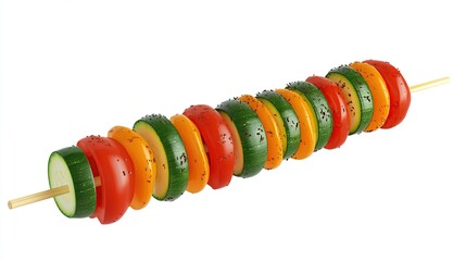 A vibrant skewer features alternating slices of red tomato, yellow bell pepper, and green zucchini, seasoned with dark specks, on a light wooden stick against a stark white background