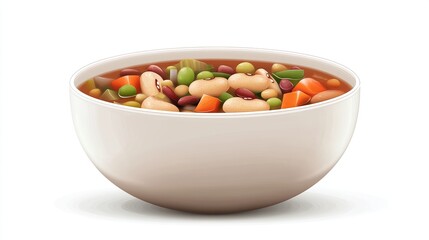 A creamy white bowl brimful of hearty vegetable soup, featuring various beans, peas, carrots, and other assorted vegetables in a rich broth