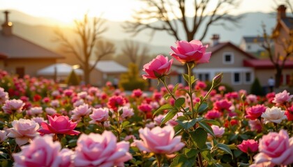 Beautiful Pink Roses Blooming in a Garden at Sunset near Houses A Stunning Floral Scene