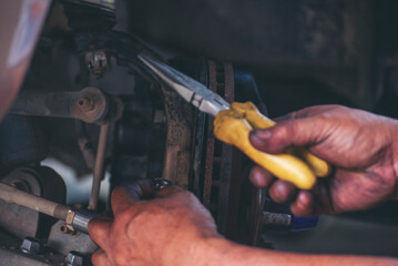 Mechanic car service auto garage in automotive mobile center. Technician workshop repair engine...
