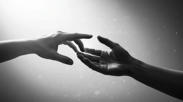 Man and woman hand reaching out to touch with light, black and white spiritual connection. Healing and helping concept video.
