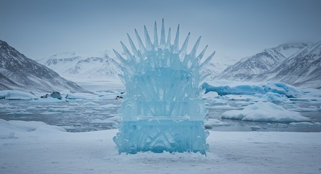 Ice throne on a snowy landscape with mountains