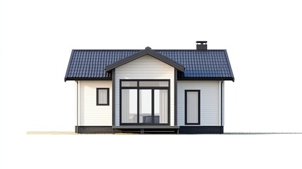A digitally rendered image showcases a small, single-story house with white siding, dark grey roof, and large glass doors leading to a patio.  A chimney is visible on the roof