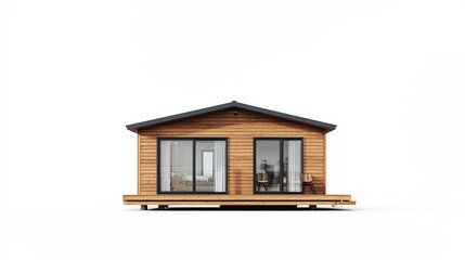 A contemporary, single-story wooden cabin on a raised deck, featuring a gabled roof, large sliding glass doors, and dark grey accents.  The house is shown in a front view against a white background