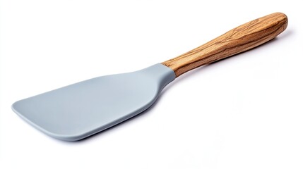 A light grey silicone spatula with a light brown olive wood handle, isolated on a white background.  The spatula has a slightly curved, broad head and a comfortable-looking grip