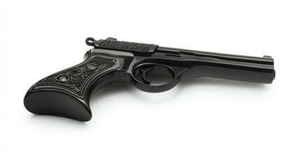 Sleek, black semi-automatic pistol with checkered grip, angled slightly to the right, isolated on a stark white background; showing intricate detailing on the handle