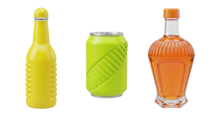 Yellow plastic bottle, green soda can and orange glass bottle on transparent background