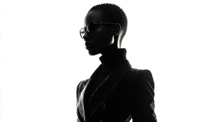 Silhouette of a stylish Black woman with short hair, sunglasses, turtleneck, and structured jacket, viewed in profile against a bright white background