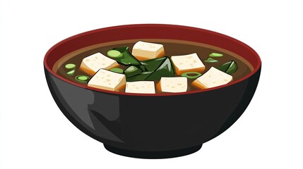 A bowl of miso soup with tofu cubes and seaweed, garnished with green onions, in a dark-rimmed bowl