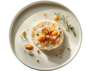 White fish tartare with vegetable and herb on ceramic plate