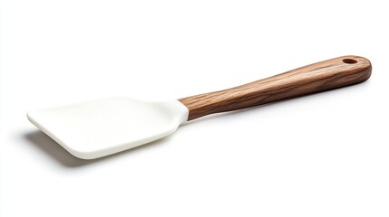 White silicone spatula with a dark wood handle, shown angled on a white background, casting a slight shadow