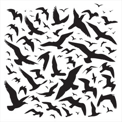 Seagull Silhouette Pattern Flock of Birds in Flight, Black and White Illustration
