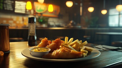 Golden-brown fish and chips served on a white plate with tartar sauce, accompanied by golden-brown fries, sits on a dark wooden table in a dimly lit pub setting