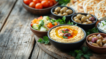 Mediterranean breakfast spread with creamy hummus, olives, feta cheese, fresh pita bread, and colorful vegetables on a rustic wooden table. A wholesome, healthy, savory morning meal concept.

