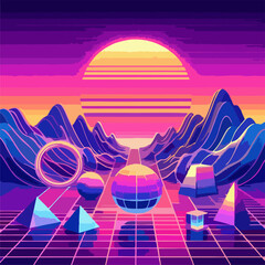 Retro Futuristic Vaporwave La...Vaporwave sunset with neon grid, 3D shapes, and retro-futuristic vibes. Perfect for synthwave and cyberpunk themes.