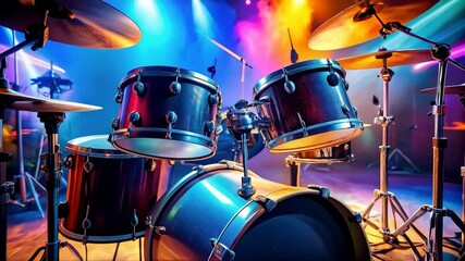Drum kit on stage with vibrant colorful stage lighting and smoke, musical instrument percussion music concert performance equipment - Powered by Adobe
