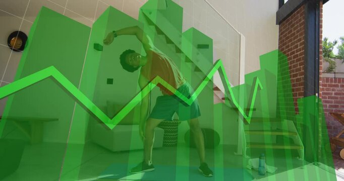 Man performing side-bend stretch in home gym driving fitness analytics with 3D bars and line graph
