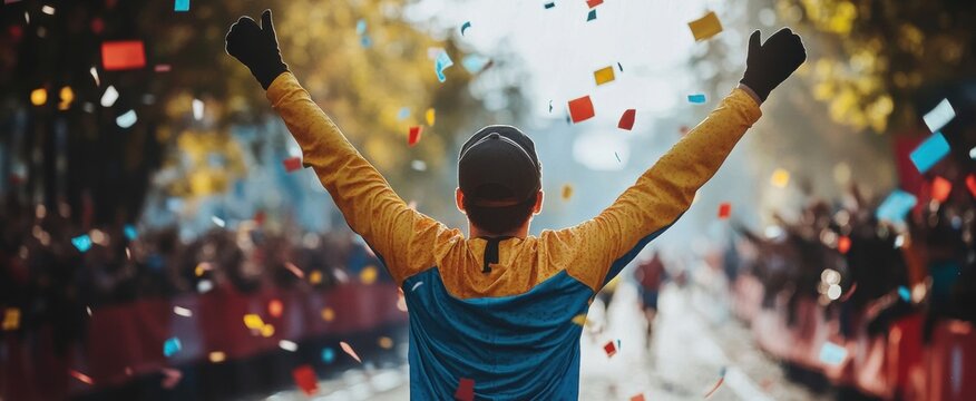 Celebratory Moment of a Marathon Runner Overcoming Challenges in Colorful Confetti Burst at Finish Line