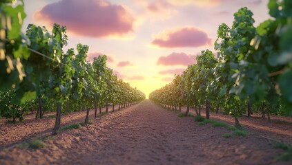 Fototapeta premium Picturesque vineyard landscape at sunset, rows of grape vines under a colorful sky