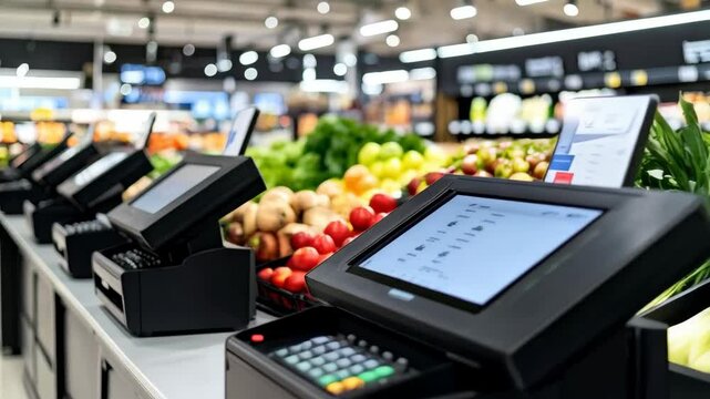 Rows of modern self-checkout stations at a supermarket with fruits and vegetables in the background and integrated card readers