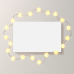 Rectangle Ramadan frame on light beige bg. Illuminated by glowing led stars, light bulb warm garland. Horizontal landscape festive greeting card container mockup. Luxury empty Eid Mubarak gallery wall