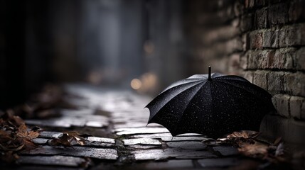 A fallen umbrella in a stormy alley, symbolizing fragile protection.