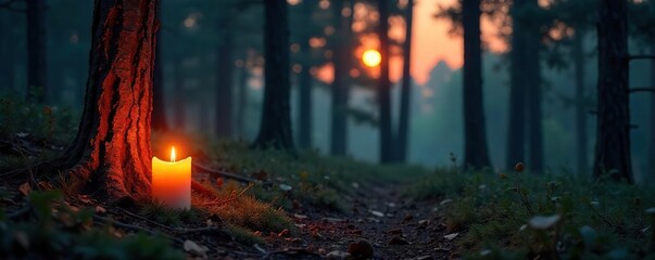 Fototapeta premium Warm, flickering candlelight illuminates a serene pine forest scene at twilight The soft glow casts dancing shadows on the pine needles and tree trunks, creating a magical atmosphere , image, rustic