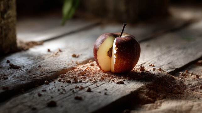 A half-eaten apple on a dusty table, symbolizing life paused.