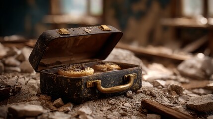 A lunchbox unopened in a collapsed school, symbolizing interrupted routine.