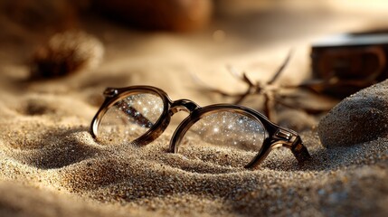 A pair of eyeglasses in the sand, symbolizing lost clarity and forgotten perspective.