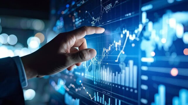 Index finger touching futuristic digital stock market data financial charts and world map on a blue transparent screen
