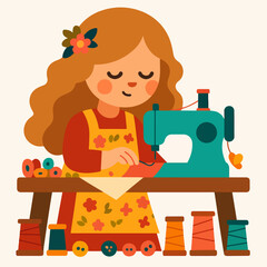 A young girl happily sews at a vintage sewing machine, surrounded by colorful threads and buttons.