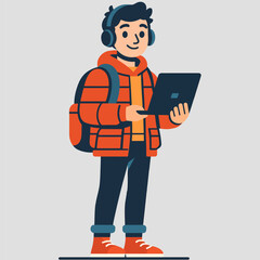 Cartoon illustration of a young man with headphones, holding a laptop and wearing a backpack.