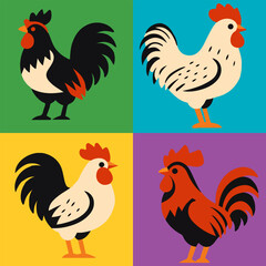 Four stylized roosters in a pop art design, each on a different color background.