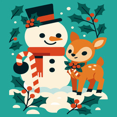 A cheerful snowman and a friendly fawn stand together amidst festive holly and snow during the Christmas season.