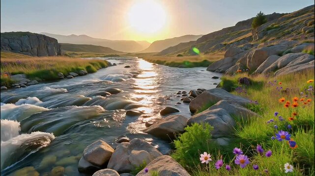 Mountain river flowing steadily between rugged, rocky shores. Shot in a stunning mountain valley bursting with colorful wildflowers and a vibrant meadow field