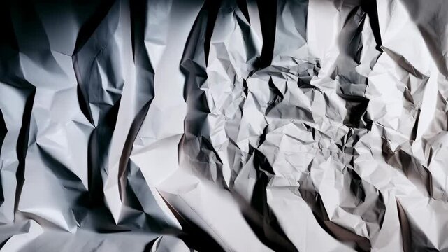 Close up of rumpled white synthetic fabric texture with strong shadows creating a unique pattern.