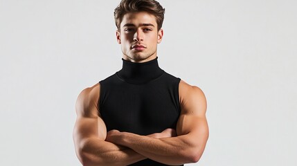 A muscular young man with short brown hair stares intensely at the camera, arms crossed, wearing a black sleeveless turtleneck against a light gray background