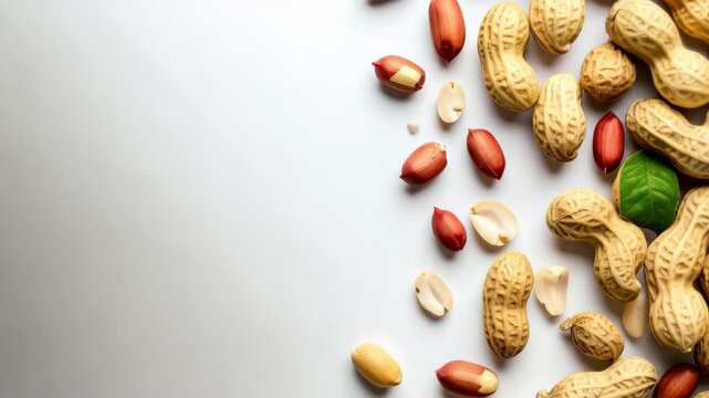 Overhead arrangement of in shell peanuts and shelled nuts with leaves, on a clean white backdrop, food photography