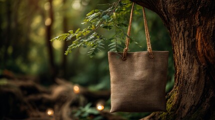 A reusable tote bag hanging on a tree, symbolizing conscious consumption.